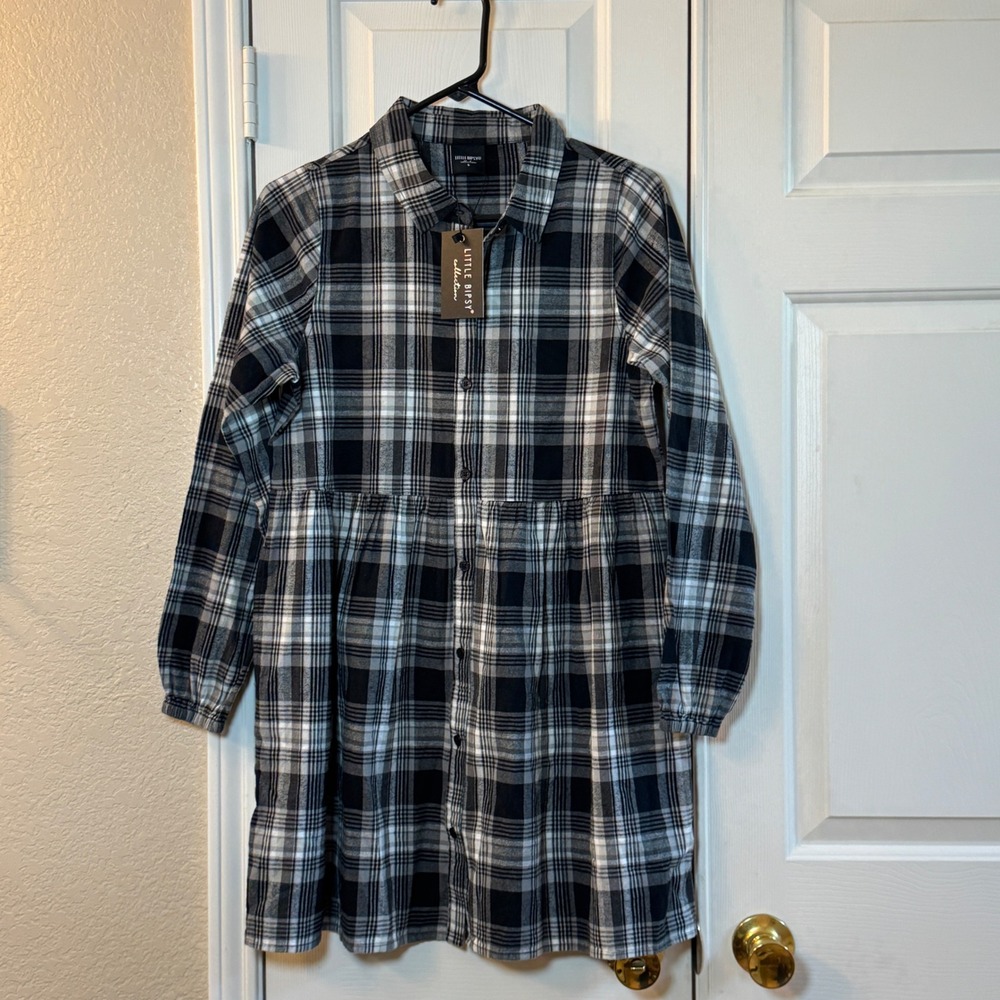 Little Bipsy Collection Black & White Plaid Long Sleeve Baby Doll Dress Sz S NWT
